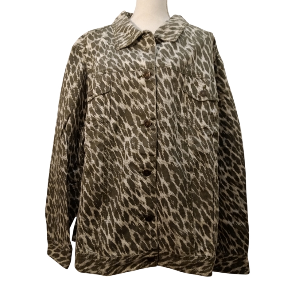 Jessica London Olive and White pattern 100% cotton Jacket Button Front 32W - Picture 2 of 9